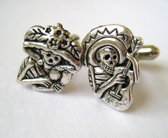 Silver Sugar Skull Cufflinks Mens Accessory Unique Mismatch Cuff Links Dia De Los Muertos ($19.95)